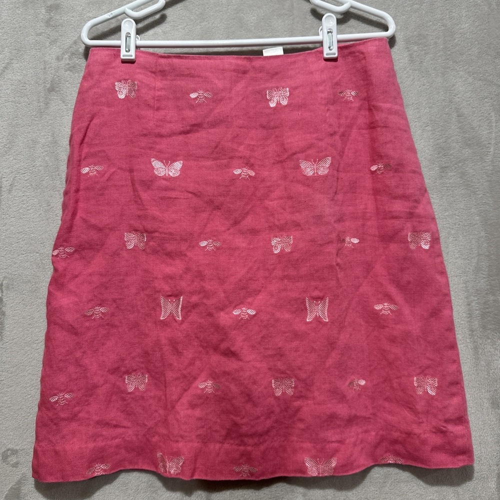 Talbots Midi Skirt Womens 12 Pink Embroidered Linen Butterfly‎ Slit Back Lined